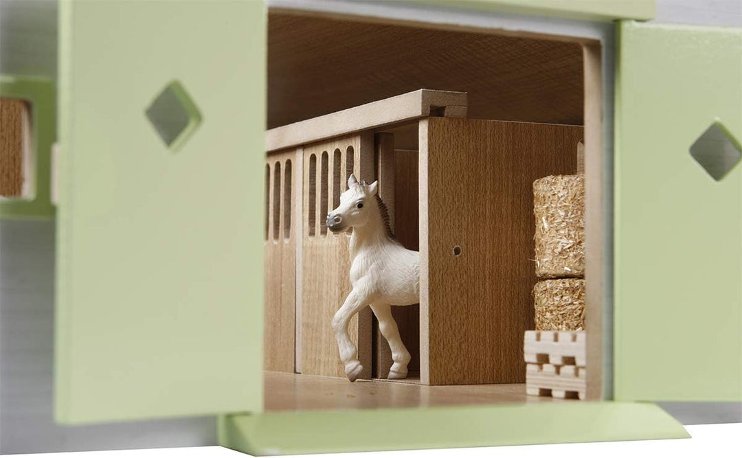 Kids Globe Farming Reiterhof rosa Bauernhof Pferdestall Holz 1:32 mit 9 Boxen, Spielzeug Pferdehof,