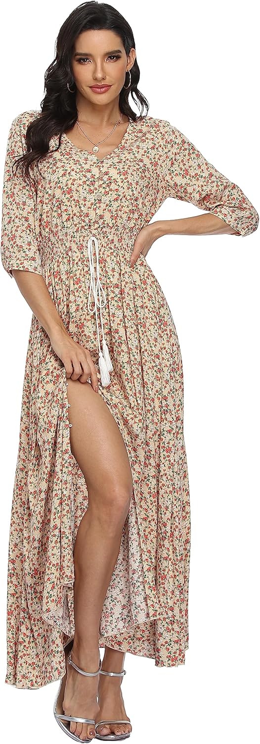 VOGMATE Damen Lange Split Knopf Up Sommer Maxikleid Floral Strandwear Holidy Kleid Hohe Taille mit k