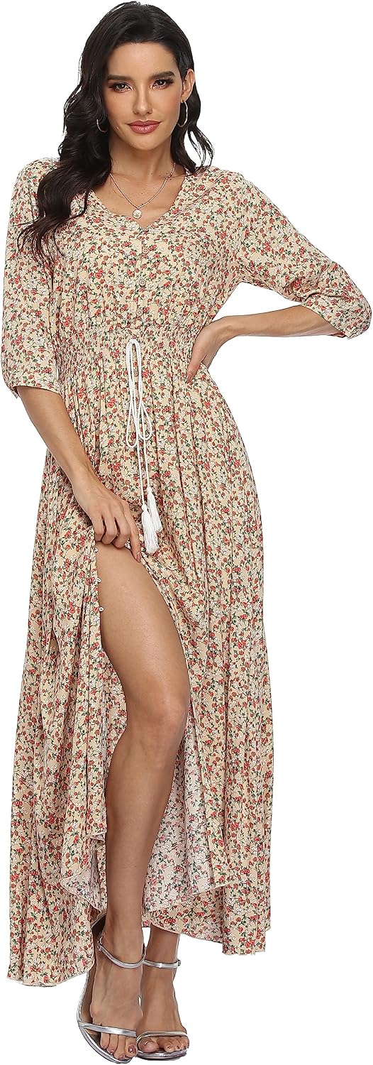 Damen Lange Split Knopf Up Sommer Maxikleid Floral Strandwear Holidy Kleid Hohe Taille mit kurzen Är