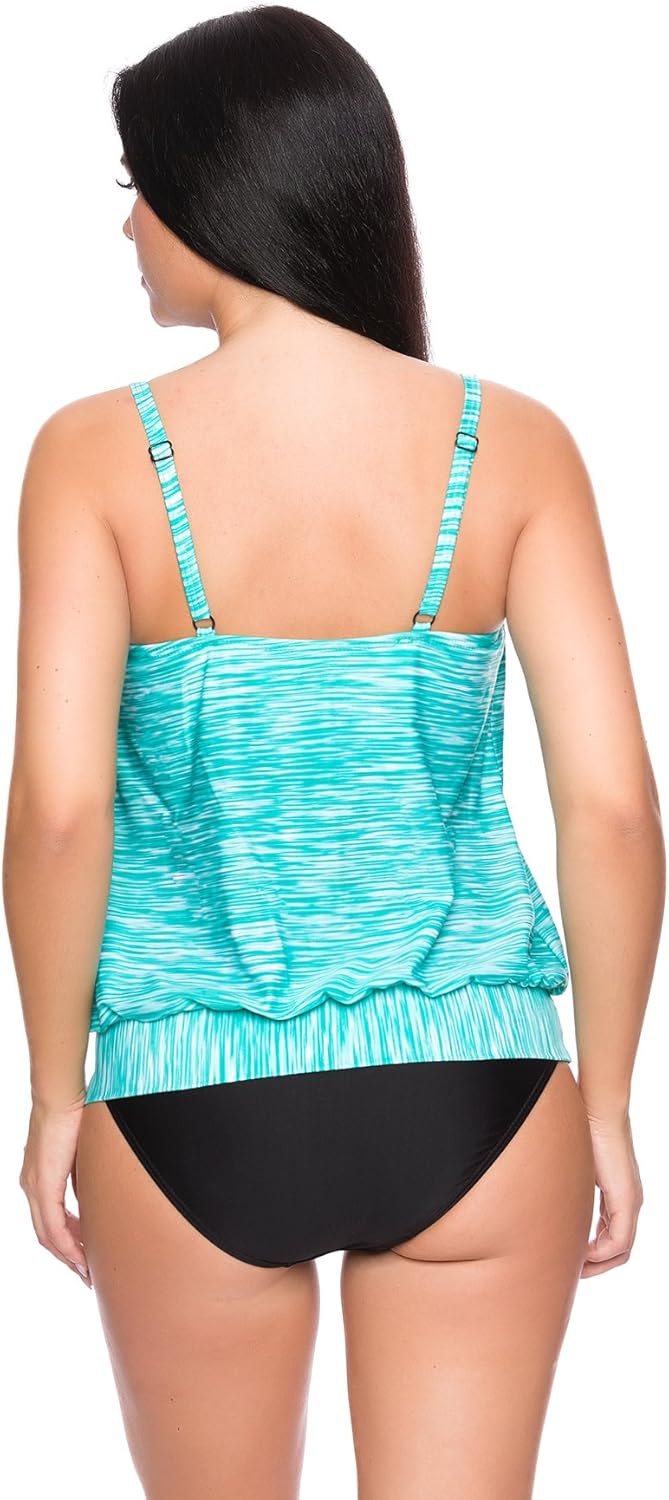 Oversize Damen Tankini Set Bauchweg mit Slip, Hotpants oder High Waist f5465, Tankini Türkis Meliert