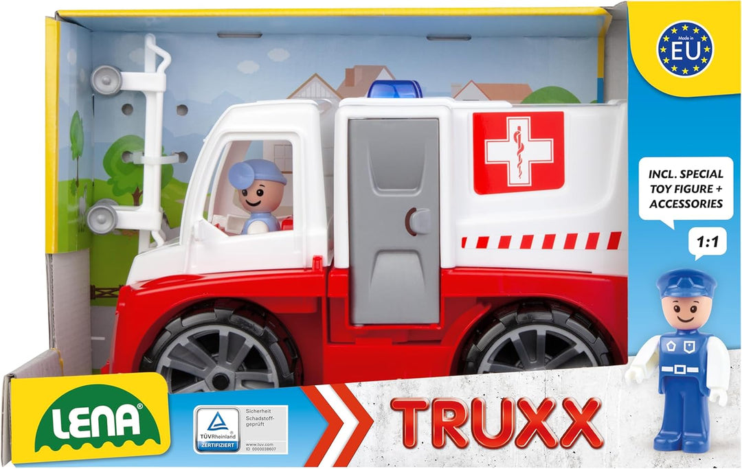 Lena 04456 - TRUXX Krankenwagen Einsatzfahrzeug mit Spielfigur als Sanitäter und Krankentrage, Krank