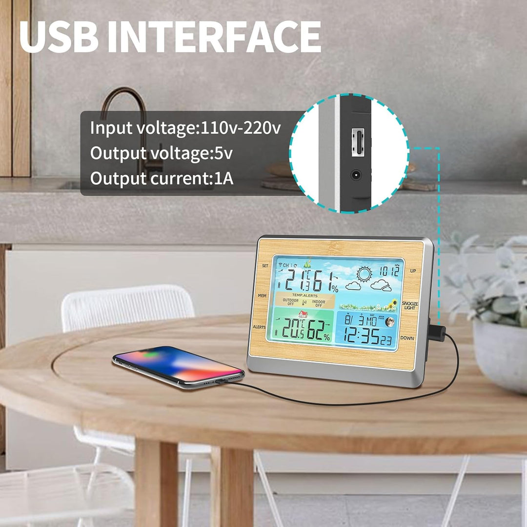 WLAN-Wetterstation mit LED-Farbbildschirm, Helligkeitsanpassung, Temperatur und Luftfeuchtigkeit, we