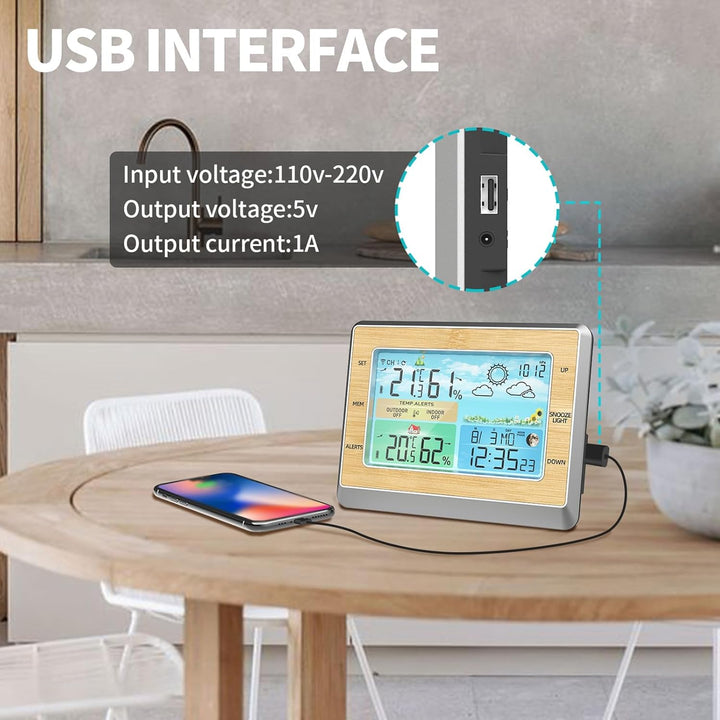 WLAN-Wetterstation mit LED-Farbbildschirm, Helligkeitsanpassung, Temperatur und Luftfeuchtigkeit, we