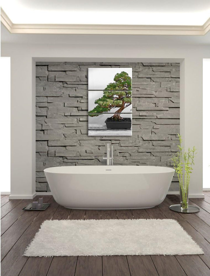 Pixxprint Bonsai Baum auf Holztisch als Leinwandbild | Grösse: 3 Teilig (120x80) | Wandbild| Kunstdr