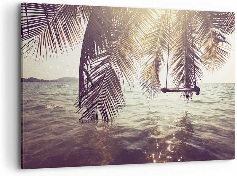 Bilder auf Leinwand 100x70cm Leinwandbild mit Rahmen Meer Palme Wasser Gross Wanddeko Bild Schlafzim