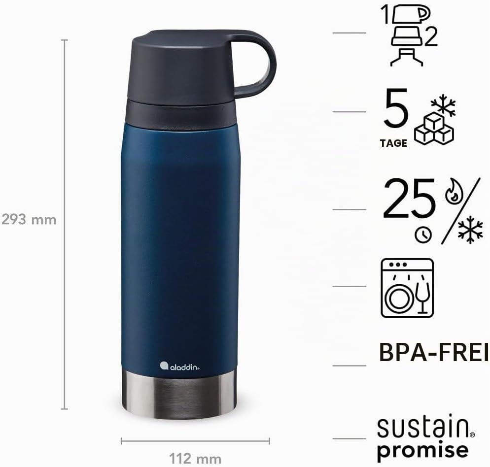 Aladdin CityPark Thermavac Twin Cup Bottle 1.1L Navy Blue – BPA FREE Stainless Steel Bottle with Bui