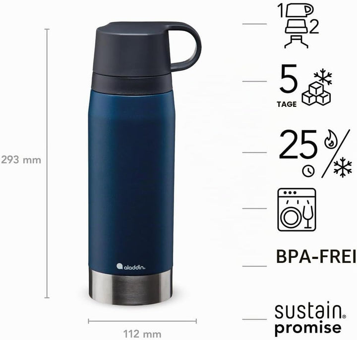 Aladdin CityPark Thermavac Twin Cup Bottle 1.1L Navy Blue – BPA FREE Stainless Steel Bottle with Bui