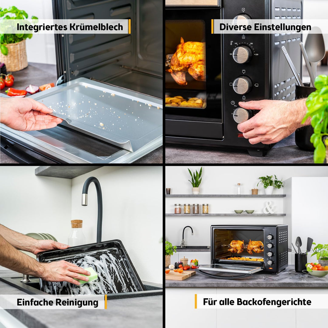 TZS First Austria Minibackofen, 2000 Watt, 60L, mit Innenbeleuchtung, Umluft-Funktion, Drehspiess fü