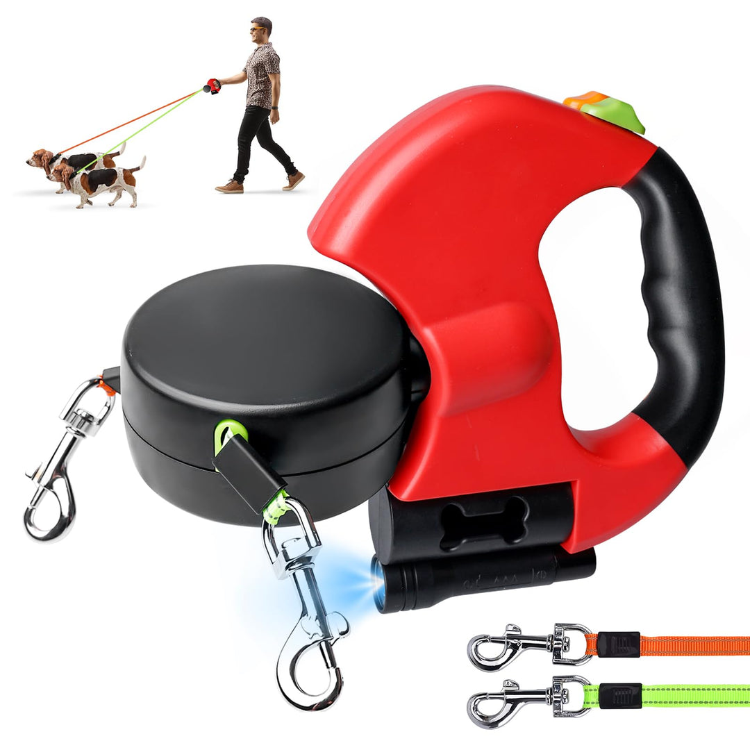 Doppelleine für 2 Hunde - 3 Meter, Einziehbare und Ausziehbare Hundeleine mit Lichtfunktion, Ergonom