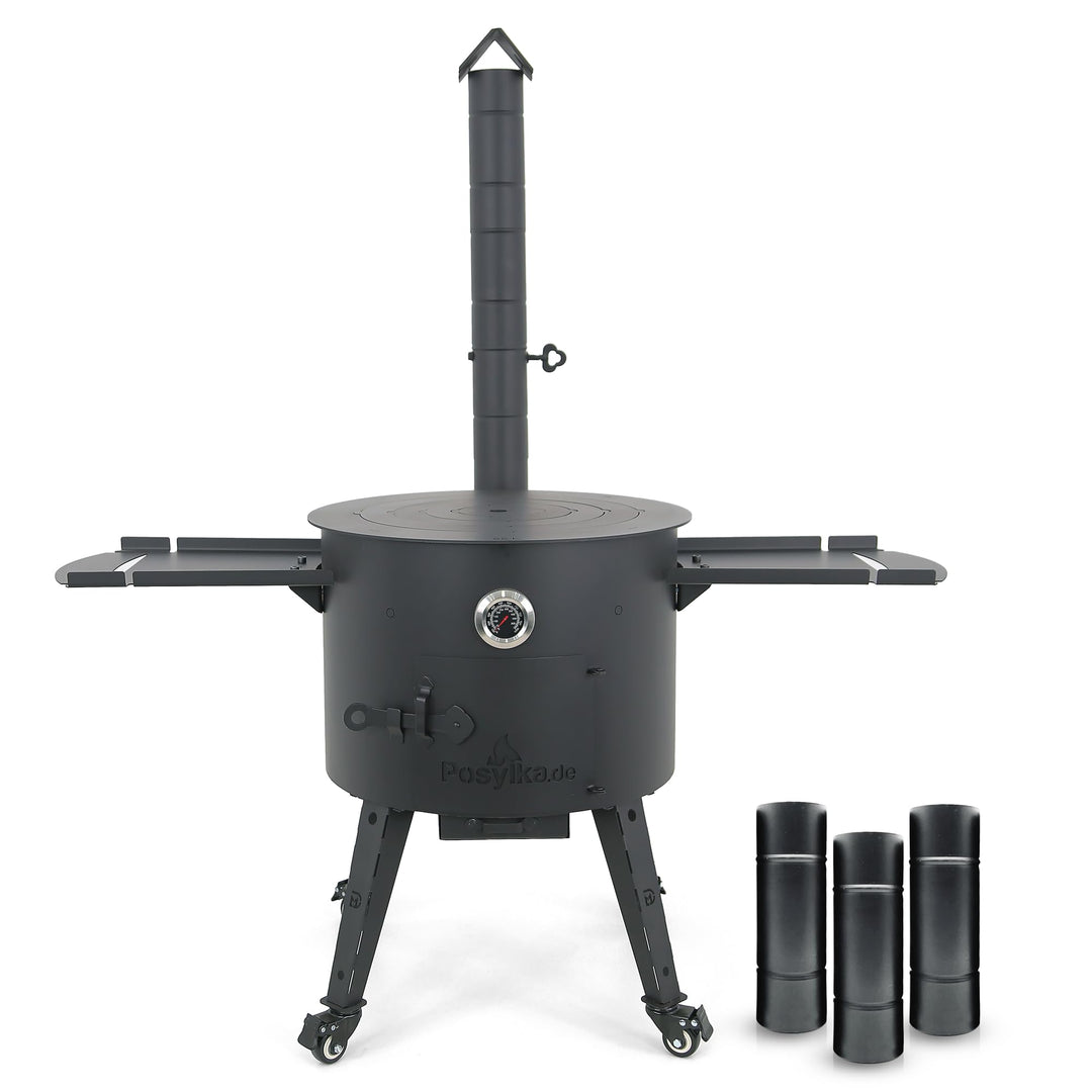 Utschak Feuerofen Ø 49cm für Kazan Wok 22L | Uchag mit Abzugsrohr &amp; Rohrverlängerung, Ablagetisch, R