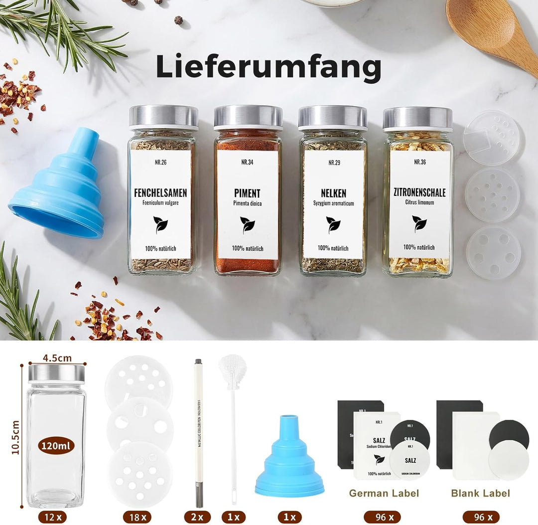 12pcs Gewürzgläser Eckig mit Edelstahldeckel, 120ml Glasbehälter mit Streueinsatz, Luftdichte Gewürz