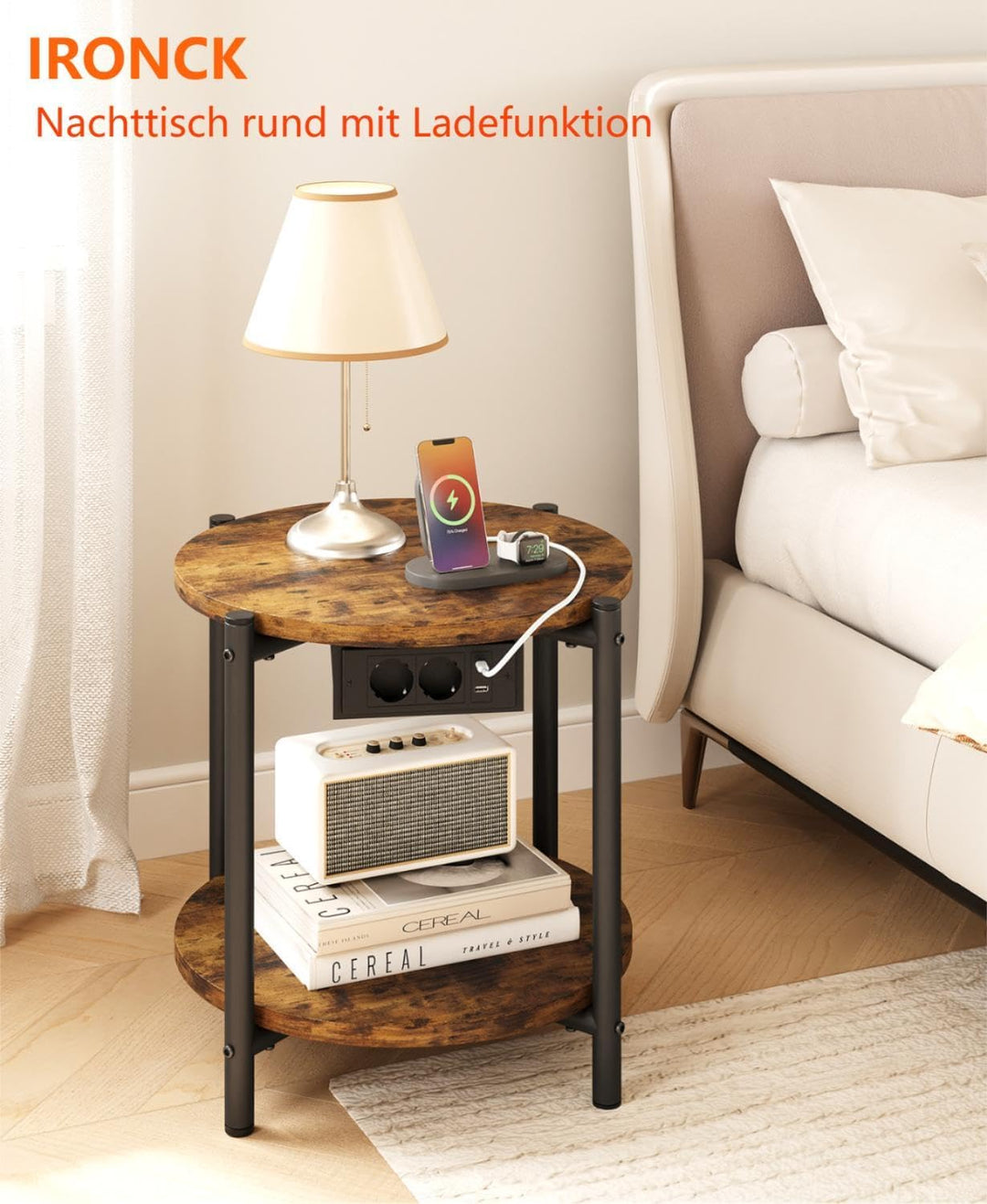 IRONCK Beistelltisch rund, Couchtisch mit Steckdose, Kleiner Tisch Holz, Wohnzimmertisch 2 Ablagen,S