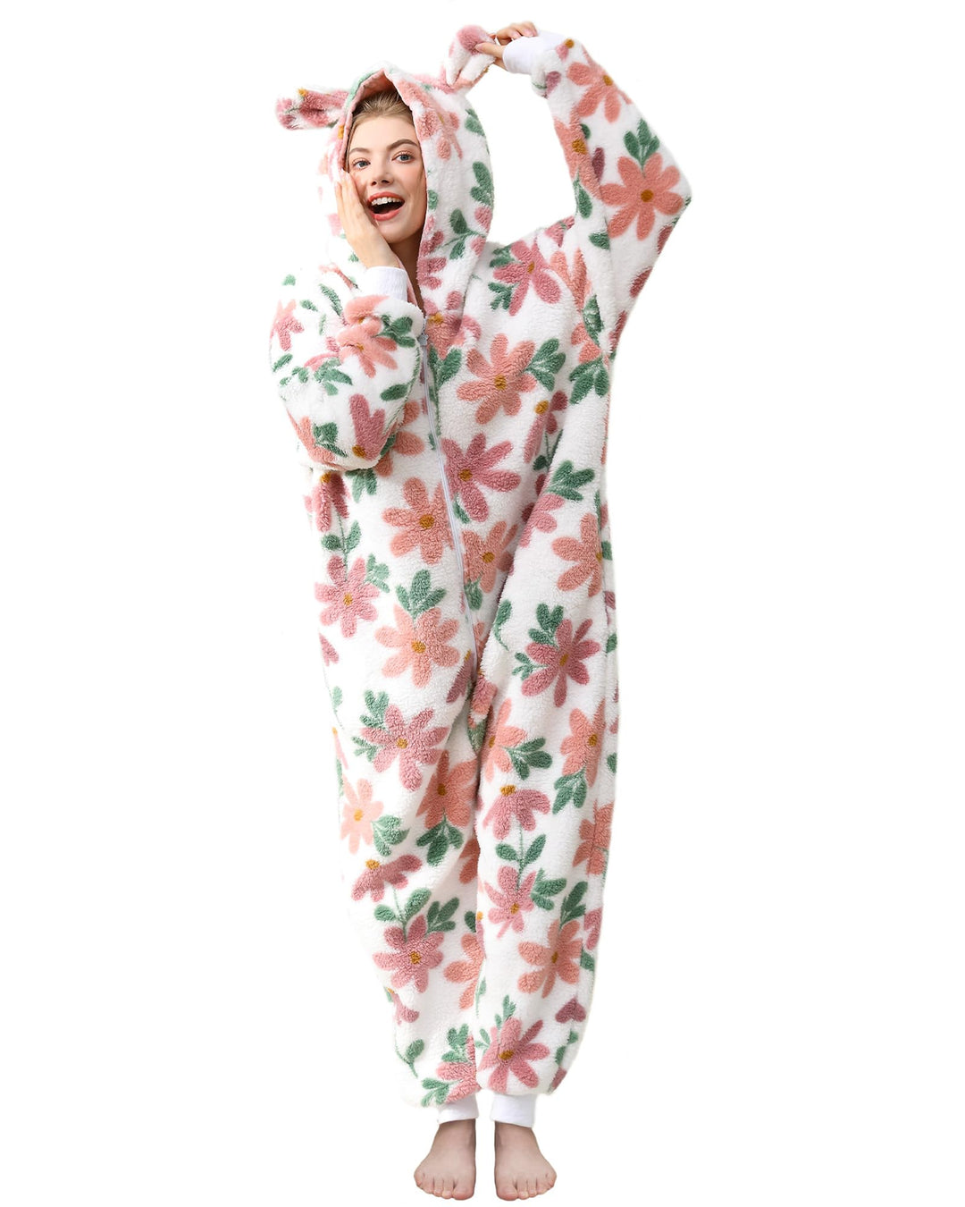 Focupaja Damen Fuzzy Pyjamas mit Kapuze Erwachsene Onesie Reissverschluss Warmes Fleece Gedruckt Wei