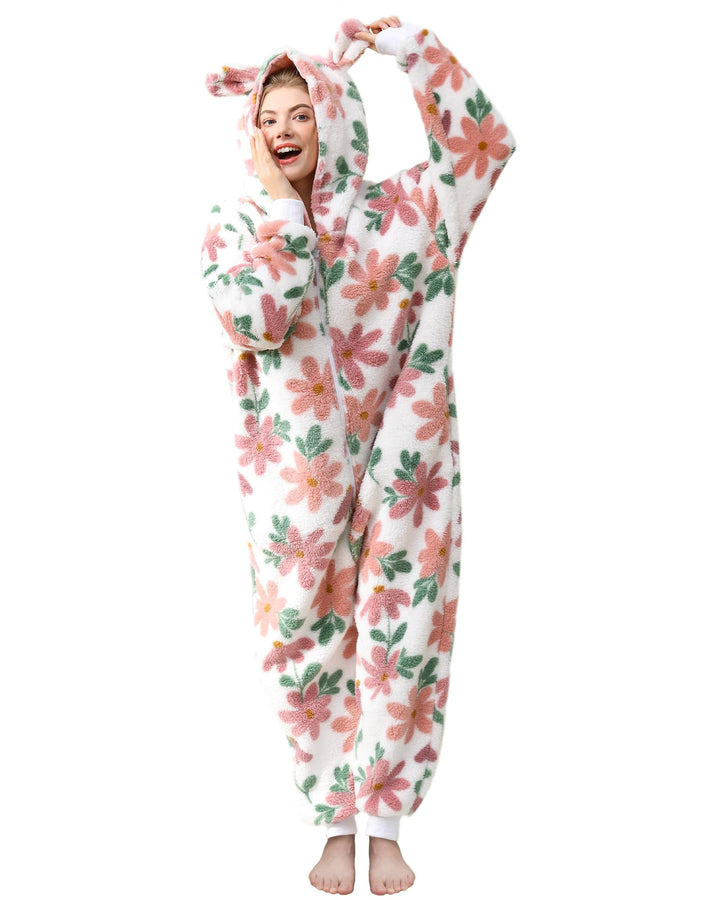 Focupaja Damen Fuzzy Pyjamas mit Kapuze Erwachsene Onesie Reissverschluss Warmes Fleece Gedruckt Wei
