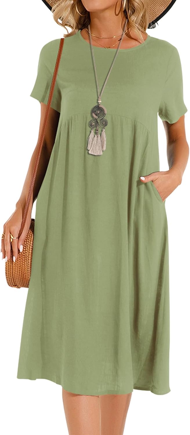 Sommerkleid Damen Leinen Kleider Casual V-Ausschnitt Midikleid Kurzarm A-Linie Kleid Strandkleid Ohn