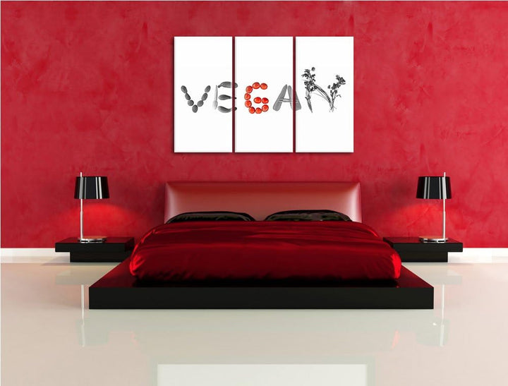 Schriftzug Vegan Gemüse schwarz/weiss 3-Teiler Leinwandbild 120x80 Bild auf Leinwand, XXL riesige Bi