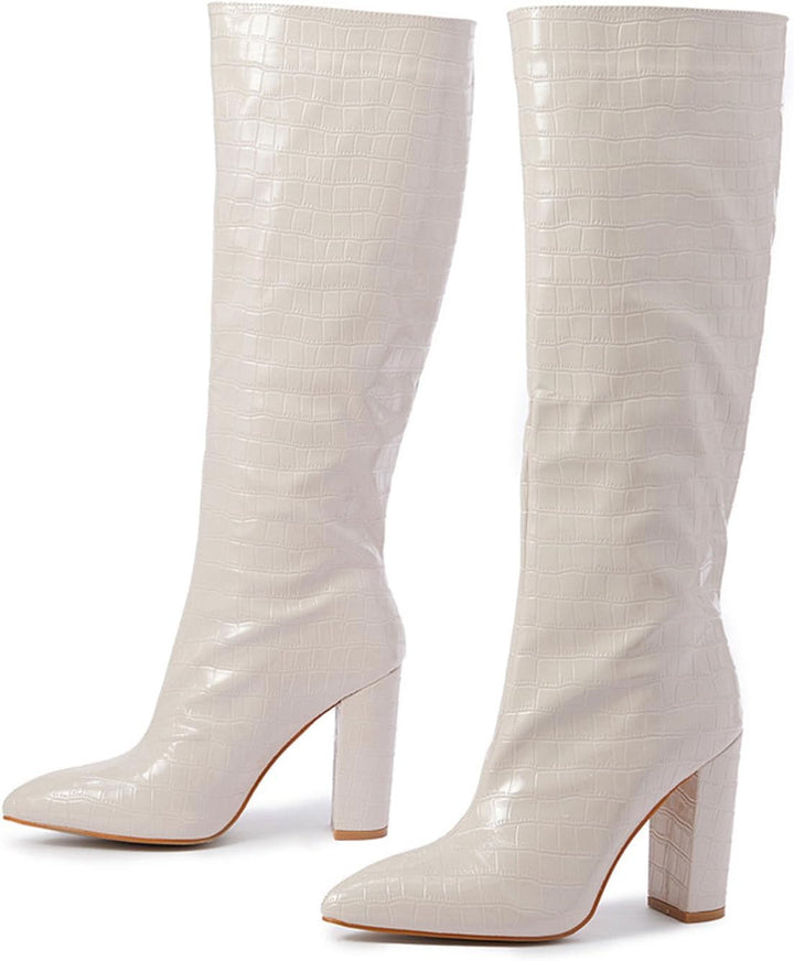Damen Stiefeletten mit Absatz Elegant Spitz Kniehohe Stiefel für Damen, breite Wade, quadratische Ze