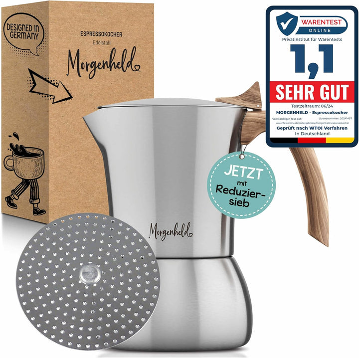 FLOW Premium Edelstahl Espressokocher mit Reduziersieb für 3 bis 6 Tassen 300ml - Espressomaker indu