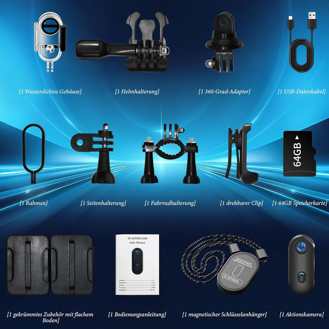 Action Cam 4K,Mini Sportkamera WiFi mit 64G Speicherkarte,Unterwasserkamera,Freihand-POVs,Überall An
