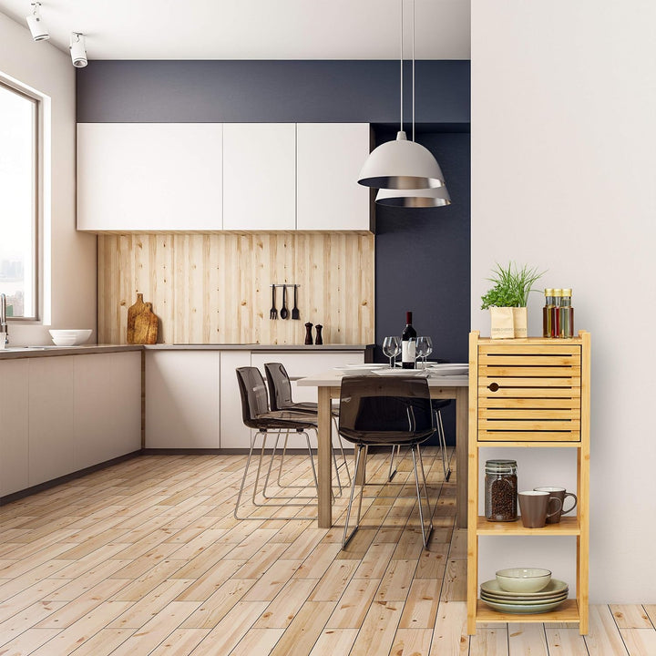 Relaxdays Badregal aus Bambus, 3 Ablagen & 1 Fach mit Tür, Bad & Küche, schmales Badmöbel, HBT: 87,5