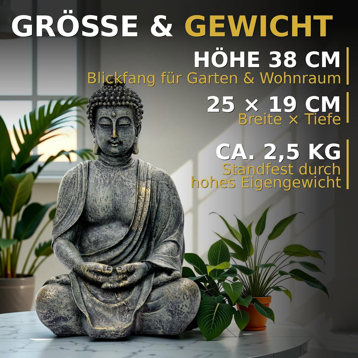 Buddha Figur Garten Gross 38cm - Sitzende Buddha Statue Wetterfest & Frostsicher aus Polyresin - Gar