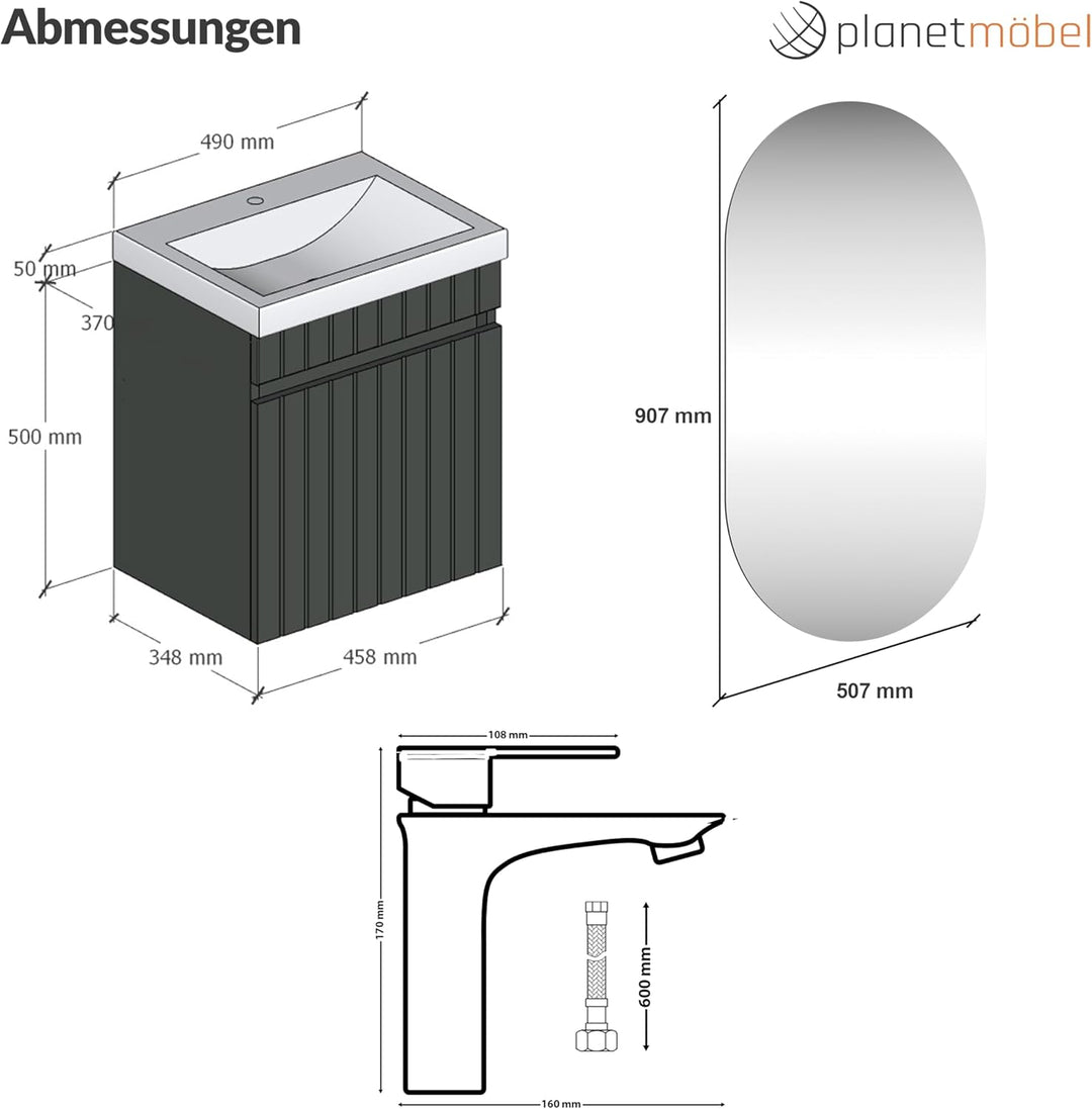Planetmöbel Cosmia Badmöbel Set Waschbecken mit Unterschrank 50 x 60 x 35 cm Anthrazit, Spiegel mit