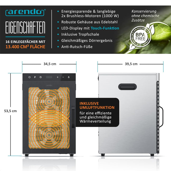 Arendo - Dörrautomat Edelstahl mit 16 Edelstahlgitter - 1000 Watt - 13400 cm² - 8 Programme - Dörrge