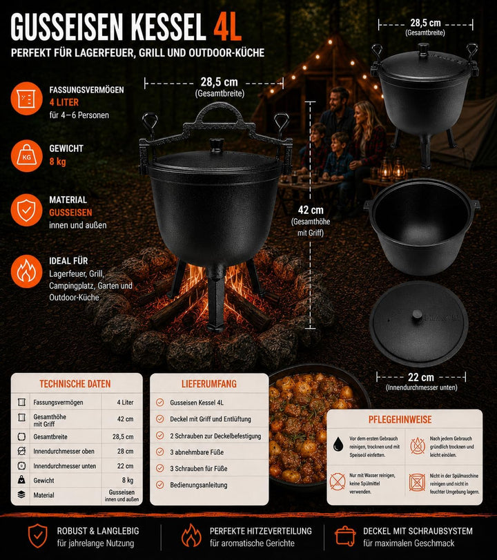 HAGE Gulaschkessel Gusseisen 4L mit Deckel und Standfüssen Dutch Oven Feuertopf für Lagerfeuer Grill