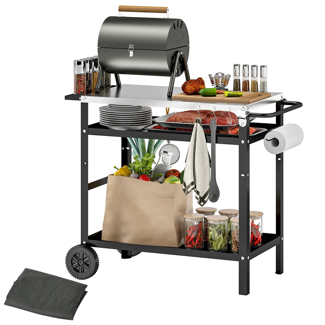 Outsunny Grillwagen 3-Etagen Servierwagen mit Arbeitsfläche Griffe Hülle Räder, höhenverstellbar BBQ