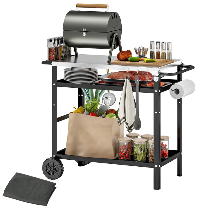 Outsunny Grillwagen 3-Etagen Servierwagen mit Arbeitsfläche Griffe Hülle Räder, höhenverstellbar BBQ
