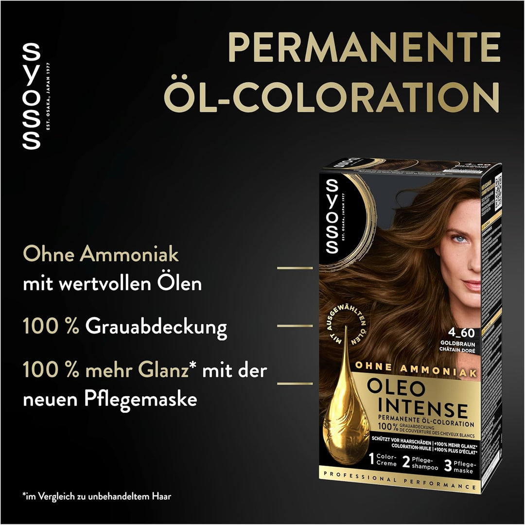 Syoss Oleo Intense Öl-Coloration 4-60 Goldbraun Stufe 3 (115 ml), dauerhafte Haarfarbe mit pflegende