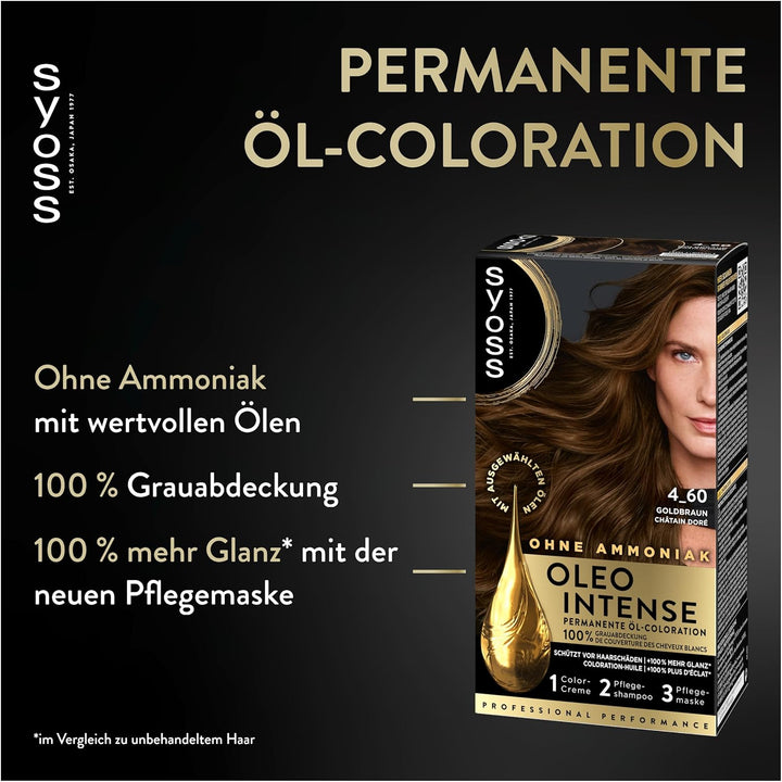 Syoss Oleo Intense Öl-Coloration 4-60 Goldbraun Stufe 3 (115 ml), dauerhafte Haarfarbe mit pflegende