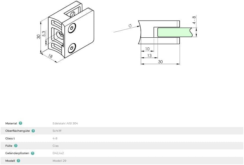 Sellon24® 4 Stück Glashalter Edelstahl V2A Glasklemme Eckig 30x30 MOD29 Glas 4-8mm 42,4/Flach (Mod 2