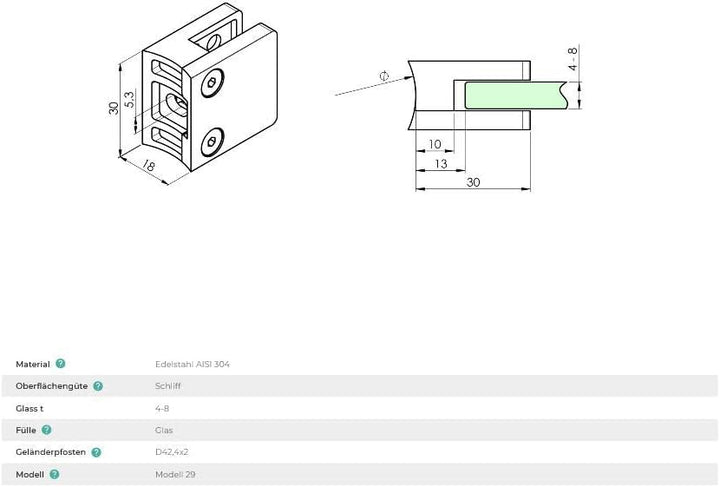 Sellon24® 4 Stück Glashalter Edelstahl V2A Glasklemme Eckig 30x30 MOD29 Glas 4-8mm 42,4/Flach (Mod 2