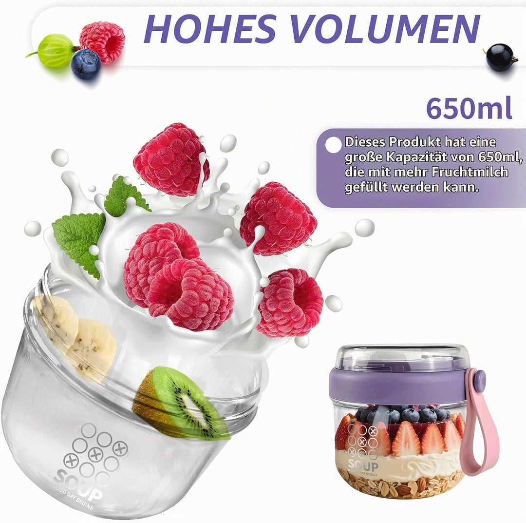 Müsli To Go Becher, Porridge Becher, Jmüsli Cup mit Dip-Box und Löffel, 650 ml Joghurtbecher To Go K