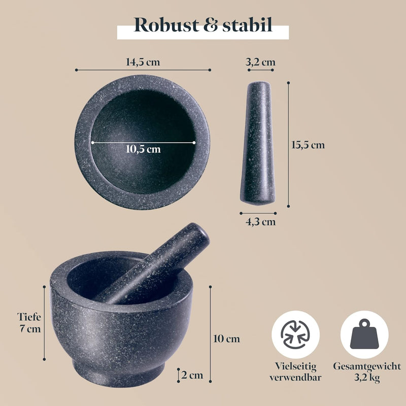 GOURMEO Mörser mit Stössel - Set in Gross aus Massivem Granit Stein - 7 cm Tiefer Mörser mit Aufgera