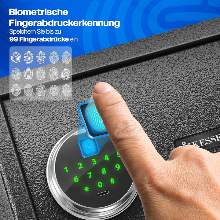 KESSER® Elektr. Tresor mit Fingerabdruck &amp; Schlüssel L | Inkl. Notfallakku | Elektronischer Safe | 3