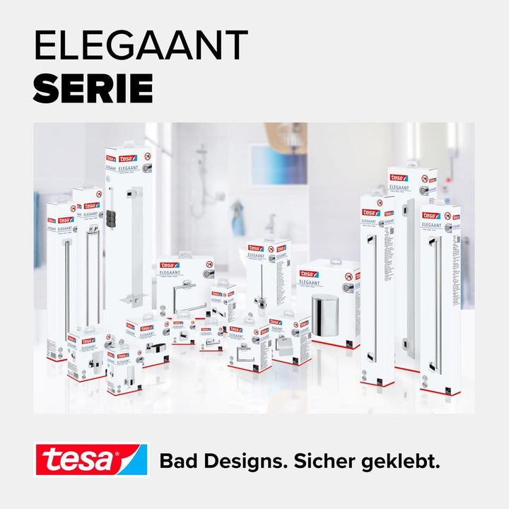 tesa ELEGAANT Handtuchstange, verchromt - Badetuchhalter zur Wandbefestigung ohne Bohren, inkl. Kleb