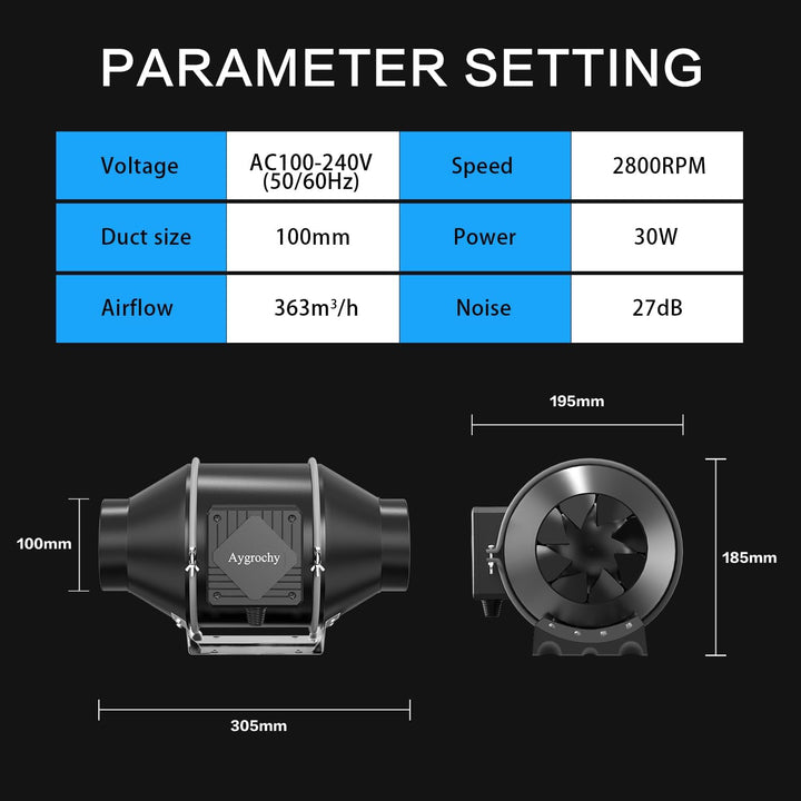 Aygrochy Abluftset 100mm,Rohrventilator mit Temperatur- und Feuchtigkeitsregler, WiFi App Steuerung,