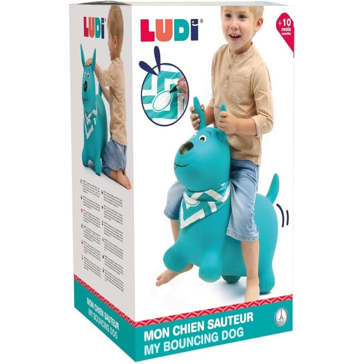 Ludi - Blue Jumping Dog - 58 x 27 x 48 cm - Dynamisches PVC-Spielzeug mit ergonomischen Griffen und