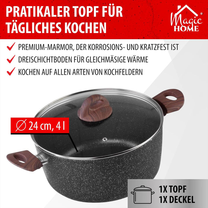 MAGIC HOME Aluguss Topf 24 cm INDUKTION | Marmor Antihaft | Kleiner Beschichteter Kochtopf mit Glasd