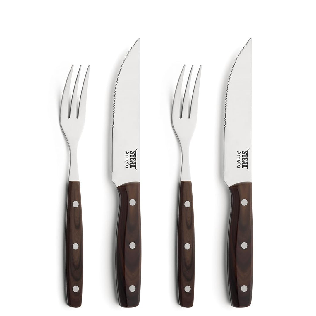 Amefa PORTERHOUSE Steak Besteck Set 4-teilig | 2 Steakmesser, 2 Steakgabeln | Kunststoffgriffe in Ho