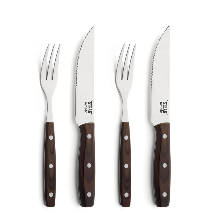 Amefa PORTERHOUSE Steak Besteck Set 4-teilig | 2 Steakmesser, 2 Steakgabeln | Kunststoffgriffe in Ho