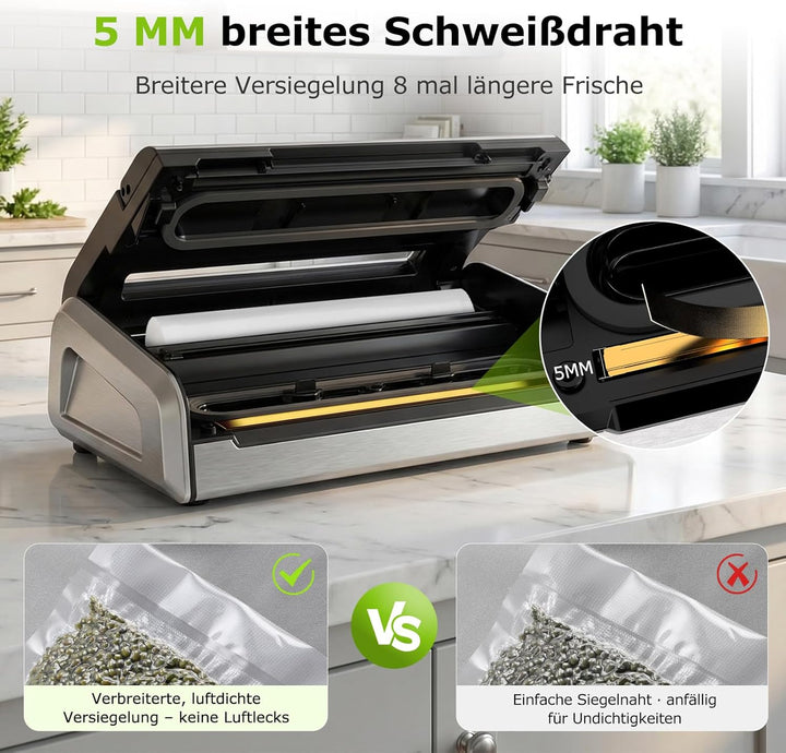 Bonsenkitchen Vakuumiergerät, 5mm Breitversiegelung auslaufsicher, Edelstahl, Einhand & Pulse Trocke