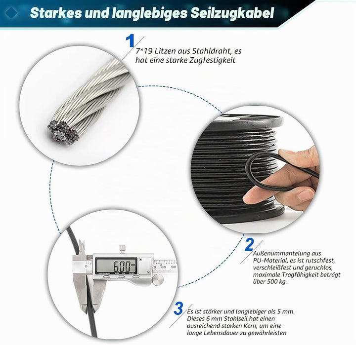 BBYPP 15m/ 20m/ 25m Gym Kabel Draht, 6mm Stahlseil PU Ummantelt Fitnessgerät für Home Gym Riemensche