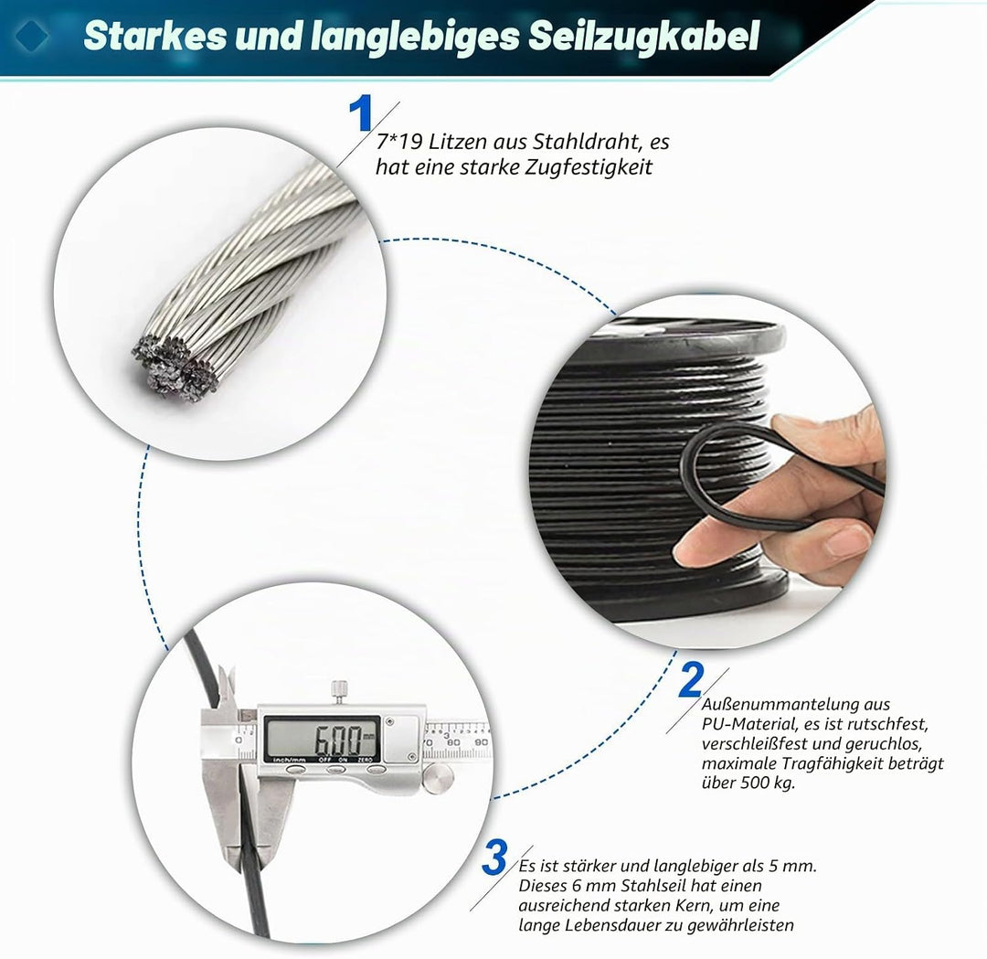 BBYPP 15m/ 20m/ 25m Gym Kabel Draht, 6mm Stahlseil PU Ummantelt Fitnessgerät für Home Gym Riemensche