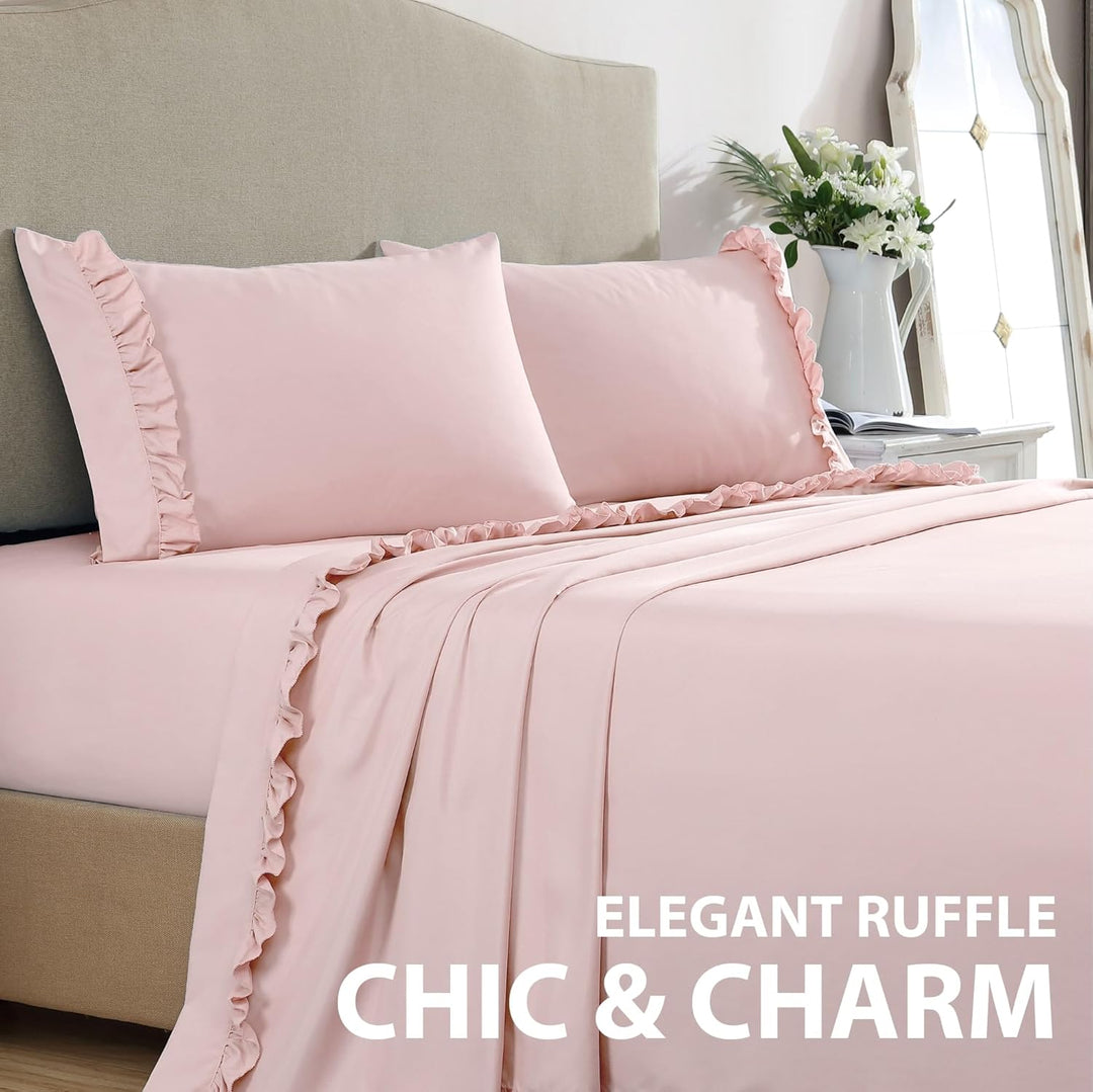 Swift Home Hudson & Main ultrasoftes Elegante gerüschter Saum-Bettlaken-Set Full Rose Blush Rose Blu