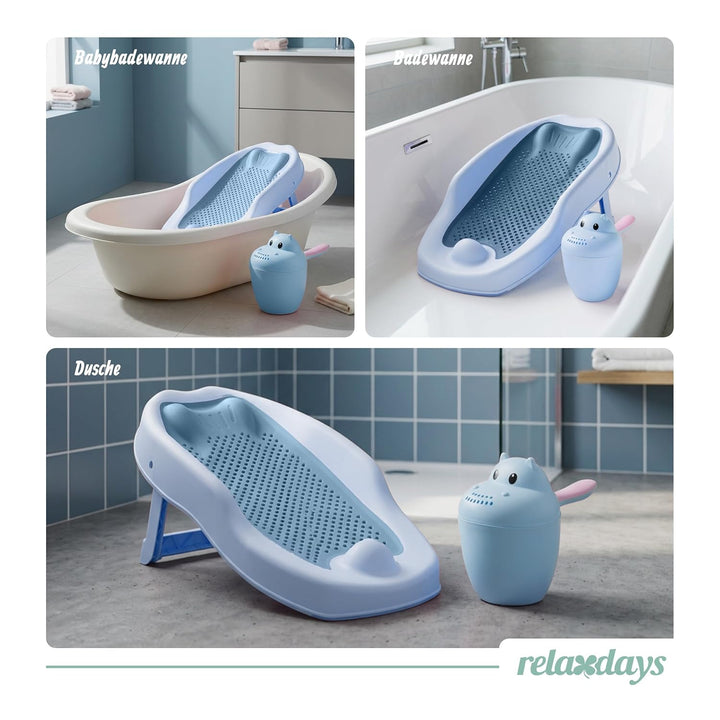 Relaxdays Baby-Badehilfe Set, mit Haarwaschbecher, tränenfrei, blau, blau