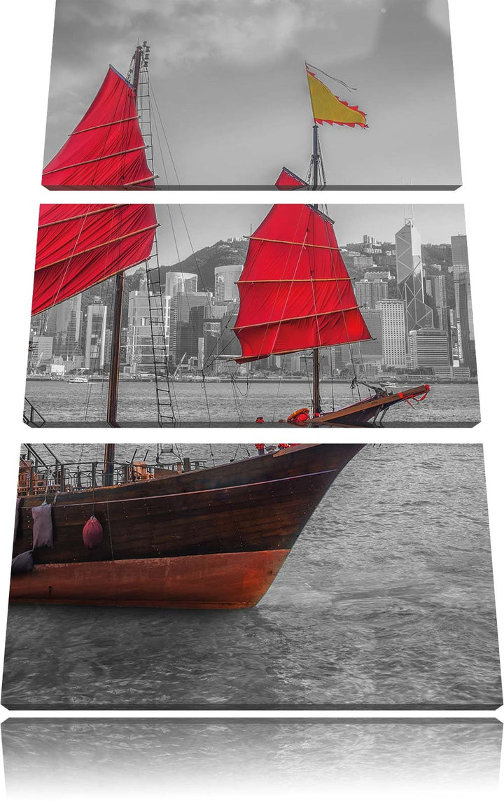 Pixxprint Segelschiff mit roten Segeln als Leinwandbild/Grösse: 3 Teilig (120x80 cm) cm/Wandbild/Kun