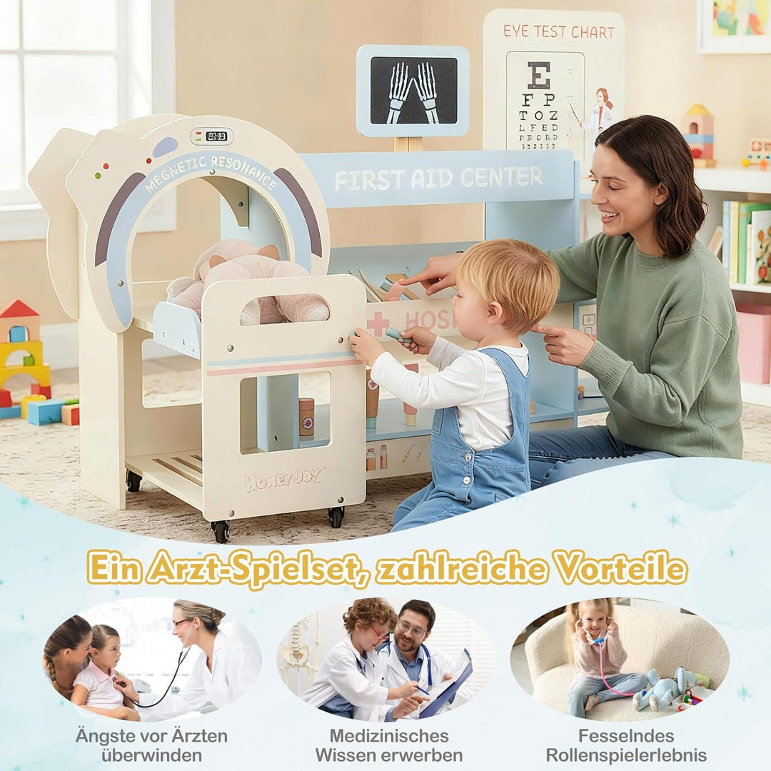 DREAMADE Arztspielset für Kinder, Krankenhaus aus Holz mit Sehtest, CT-Spielgerät & Röntgenapparat,